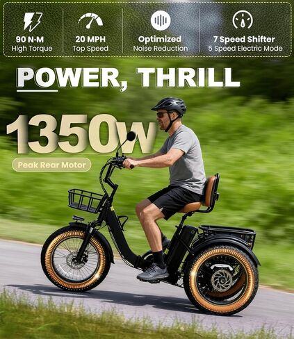 Electric Tricycle for Adults, Peak 500/750W Electric Trike, 20"x4" Folding Fat Tire 3 Wheel Electric Trike, Max 20MPH,with Large Basket and 48V 13/15Ah Removable Battery in Saudi Arabia