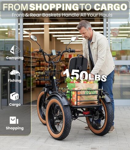 Electric Tricycle for Adults, Peak 500/750W Electric Trike, 20"x4" Folding Fat Tire 3 Wheel Electric Trike, Max 20MPH,with Large Basket and 48V 13/15Ah Removable Battery in Saudi Arabia
