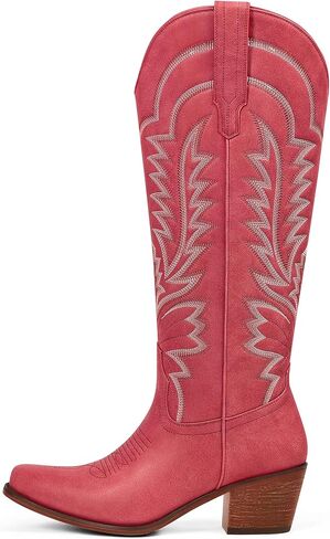 Cowboy Boots for Women - Knee High Cowgirl Boots Pointed Toe Chunky Heel Pull On Classic Embroidered Fashion Retro Western Tall Boots for Women in Kuwait