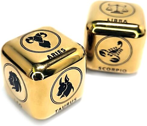 2Pcs/Set Metal 12 Constellation Dice Set, Laser Engraved 6-Sided Stainless Steel Big Zodiac Dices for Game Divination Accessory (Modern, Colorful), DK-MDICE-12XZ in Kuwait
