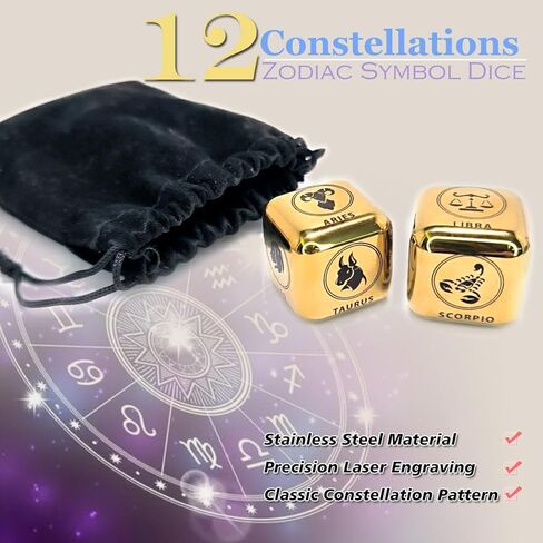 2Pcs/Set Metal 12 Constellation Dice Set, Laser Engraved 6-Sided Stainless Steel Big Zodiac Dices for Game Divination Accessory (Modern, Colorful), DK-MDICE-12XZ in Kuwait