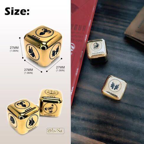 2Pcs/Set Metal 12 Constellation Dice Set, Laser Engraved 6-Sided Stainless Steel Big Zodiac Dices for Game Divination Accessory (Modern, Colorful), DK-MDICE-12XZ in Kuwait