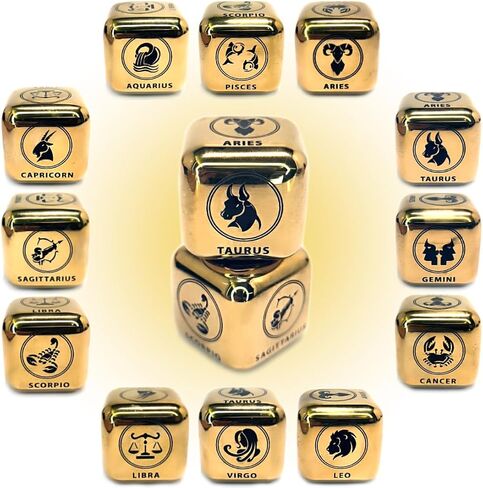2Pcs/Set Metal 12 Constellation Dice Set, Laser Engraved 6-Sided Stainless Steel Big Zodiac Dices for Game Divination Accessory (Modern, Colorful), DK-MDICE-12XZ in Kuwait