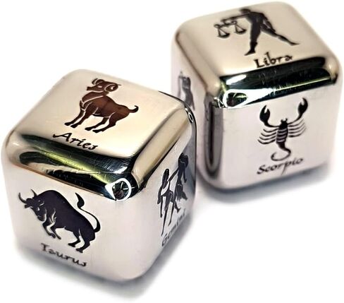 2Pcs/Set Metal 12 Constellation Dice Set, Laser Engraved 6-Sided Stainless Steel Big Zodiac Dices for Game Divination Accessory (Modern, Colorful), DK-MDICE-12XZ in Kuwait