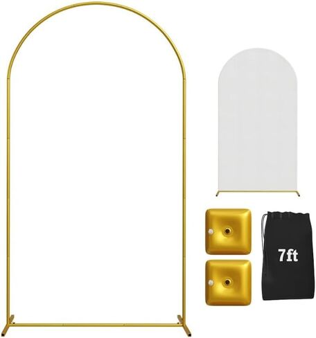 Metal Arch Backdrop Stand and Cover Set – 3 Gold Frames (7.2ft, 6ft x2) with White Wrinkle-Free Spandex Covers, Water Weights, Bags & Case – Wedding, Birthday, Baby Shower, Party Decor in Saudi Arabia