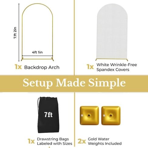 Metal Arch Backdrop Stand and Cover Set – 3 Gold Frames (7.2ft, 6ft x2) with White Wrinkle-Free Spandex Covers, Water Weights, Bags & Case – Wedding, Birthday, Baby Shower, Party Decor in Saudi Arabia