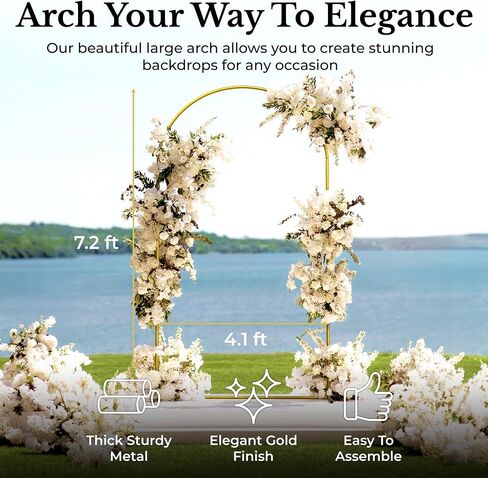 Metal Arch Backdrop Stand and Cover Set – 3 Gold Frames (7.2ft, 6ft x2) with White Wrinkle-Free Spandex Covers, Water Weights, Bags & Case – Wedding, Birthday, Baby Shower, Party Decor in Saudi Arabia
