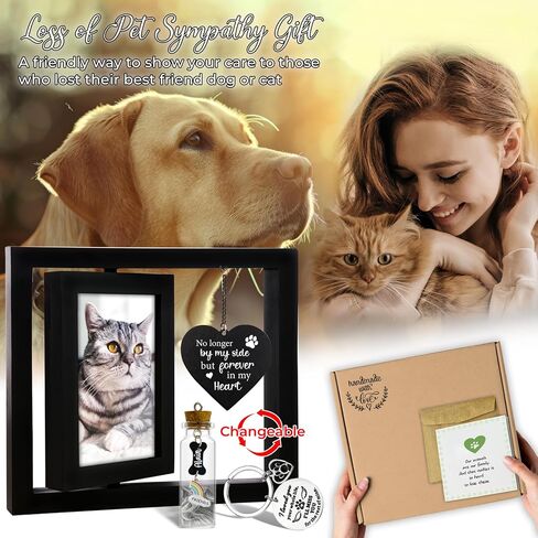 Pet Memorial Gift for Dogs Cats, Rustic 360 Rotating Picture Frame 4x6 Photo, Pet Hair Keepsake Fur Jar Rainbow Bridge No Longer By My Side Wooden Heart Tag, In Loving Sympathy Animal Loss Gift PR-3R in Saudi Arabia