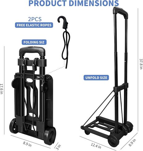 Folding Hand Truck,400lbs Load-Bearing Heavy Duty Luggage Cart with 4 Wheels& Brakes &Extendable Base Plate,Dolly Cart with Solid Construction for Travel,Moving,Shopping,Office Use,Black in Kuwait