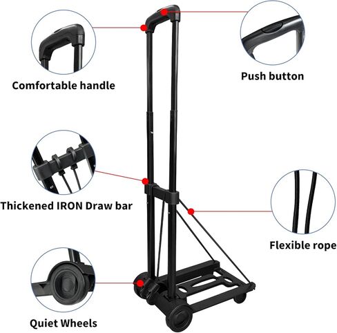 Folding Hand Truck,400lbs Load-Bearing Heavy Duty Luggage Cart with 4 Wheels& Brakes &Extendable Base Plate,Dolly Cart with Solid Construction for Travel,Moving,Shopping,Office Use,Black in Kuwait