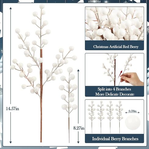 HOHOTIME Christmas Holly Berry Stem Ornaments, 8 Large Branches/32 Small Branches Artificial Berry Stem, Removable Artificial Glitter Berry Stem Ornaments, Home Decorative for Christmas Tree Wreath in Saudi Arabia