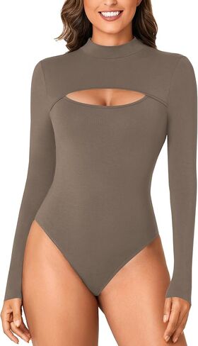 LYANER Women's Mock Neck Sexy Cutout Front Long Sleeve Slim Fit Bodysuit Leotard Top in Saudi Arabia
