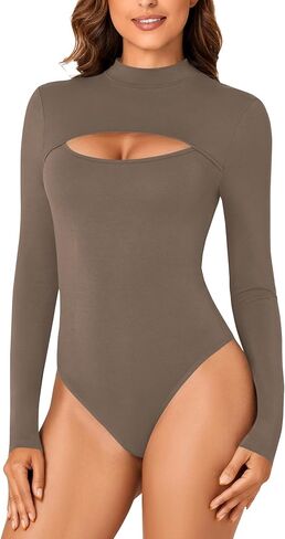 LYANER Women's Mock Neck Sexy Cutout Front Long Sleeve Slim Fit Bodysuit Leotard Top in Saudi Arabia