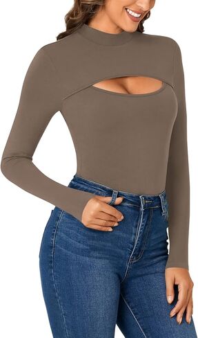 LYANER Women's Mock Neck Sexy Cutout Front Long Sleeve Slim Fit Bodysuit Leotard Top in Saudi Arabia