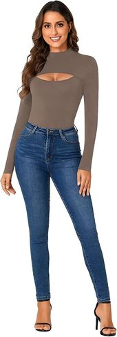 LYANER Women's Mock Neck Sexy Cutout Front Long Sleeve Slim Fit Bodysuit Leotard Top in Saudi Arabia