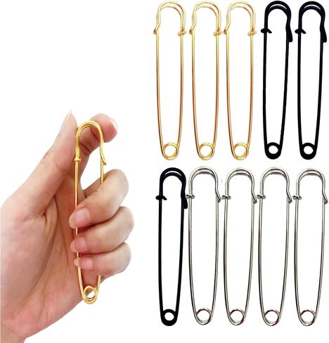10PCS Large Safety Pins,4‘’ Safety Pins Heavy Duty for Fashion,Sewing,Clothing,Diapers,Blankets, Canvas,Wool,DIY and More（4Gold/3Black/3Silvery） in Saudi Arabia
