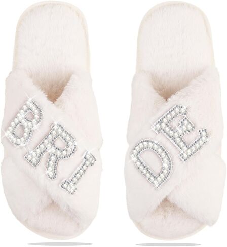 Bride Slippers for Wedding Day, Bride To Be Bridal Shower Gift for Women Bridesmaids, Personalized BRIDE Pearl Letter Open Toe Fuzzy Flip Flops, Getting Ready Outfit, Bachelorette Party in Saudi Arabia
