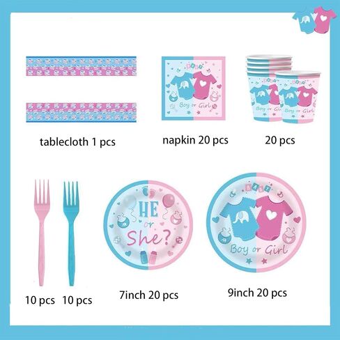 Kids' Party Plates and Napkins Sets,birthday Party ,Gender Reveal Party Disposable Plates and Cups,Napkins, Forks,Baby Shower Decorations Tableware set,Serves 20. in Kuwait