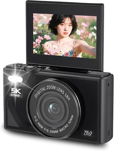 5K HD & 75MP Digital Camera 18x Zoom - WiFi Vlogging Camera للتصوير الفوتوغرافي والفيديو ، ضبط تلقائي تلقائي ، شاشة 3 بوصة ، 128 جيجابايت (غير متضمن) ، 1150 مللي أمبير في الساعة (أسود) in Kuwait