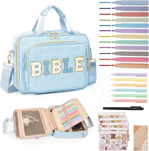 قضية تغطية الكتاب المقدس للنساء مجموعة دراسة الكتاب المقدس مع علامات تبويب عالية ، حقيبة الكتاب المقدس الكبيرة مع مجموعة التعليقات التوضيحية ، حالة حمل الكتاب المقدس للنساء مع أكياس كنيسة حزام الكتف مع مجموعة اليومية (الوردي ، كبير) in Kuwait