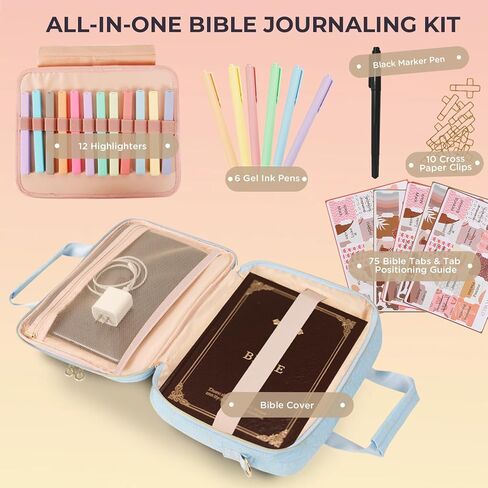 قضية تغطية الكتاب المقدس للنساء مجموعة دراسة الكتاب المقدس مع علامات تبويب عالية ، حقيبة الكتاب المقدس الكبيرة مع مجموعة التعليقات التوضيحية ، حالة حمل الكتاب المقدس للنساء مع أكياس كنيسة حزام الكتف مع مجموعة اليومية (الوردي ، كبير) in Kuwait