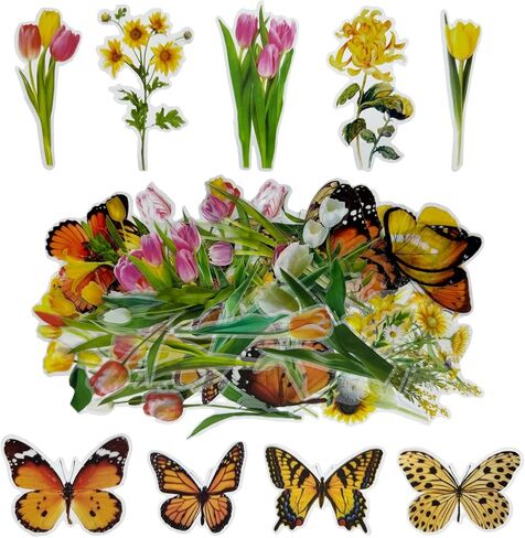 Transparent Flower Butterfly Sticker Set (240Pcs), PET Waterproof Resin Stickers, Self Adhesive Aesthetics Stickers for Adults to Make Cards, Envelopes, Gift Wraps, Scrapbooks, Notebooks (Nature1) in Saudi Arabia
