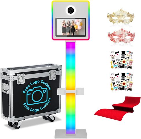 آلة كشك صور DSLR مع الكاميرا والطابعة ، 15.6 "شاشة تعمل باللمس مرآة صورة كشك المدمج في Mini PC APP/RGB التحكم RGB مع علبة الطيران (Black Booth+Cameras+Printer) in Kuwait