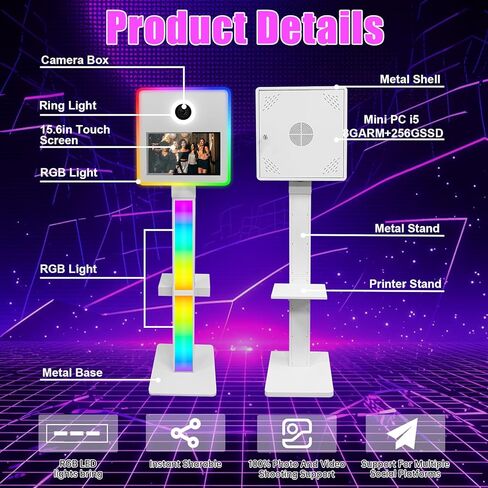 آلة كشك صور DSLR مع الكاميرا والطابعة ، 15.6 "شاشة تعمل باللمس مرآة صورة كشك المدمج في Mini PC APP/RGB التحكم RGB مع علبة الطيران (Black Booth+Cameras+Printer) in Kuwait