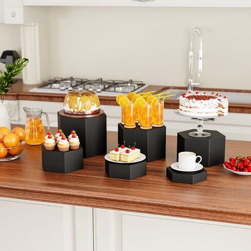 Metal Buffet Risers,6PCS Hexagonal Jewelry Display Risers 2.76 in to 4.02 in Market Display Stands Metal Showcase for Catering Dessert Figures Decoration (Matte Black, 2.76IN to 4.02IN) in Saudi Arabia