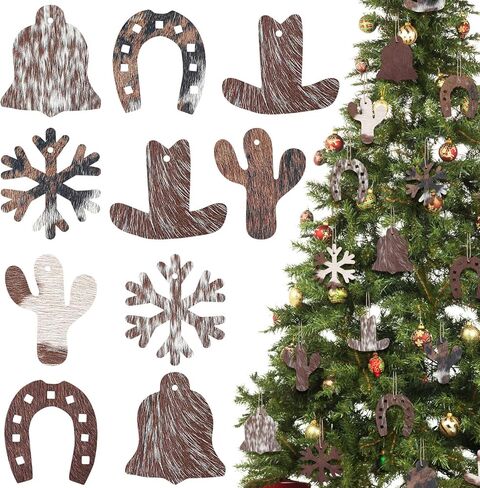 Syhood 20 Pcs Christmas Western Cowhide Ornament Cowboy Christmas Hanging Decoration Western Christmas Decorations Indoor Cowhide Christmas Ornaments for Xmas Tree Decoration in Saudi Arabia