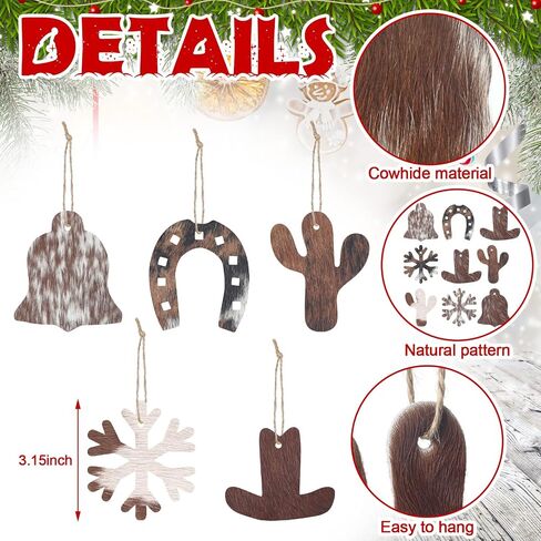 Syhood 20 Pcs Christmas Western Cowhide Ornament Cowboy Christmas Hanging Decoration Western Christmas Decorations Indoor Cowhide Christmas Ornaments for Xmas Tree Decoration in Saudi Arabia