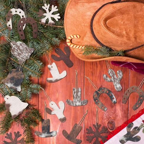 Syhood 20 Pcs Christmas Western Cowhide Ornament Cowboy Christmas Hanging Decoration Western Christmas Decorations Indoor Cowhide Christmas Ornaments for Xmas Tree Decoration in Saudi Arabia