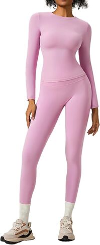 RXRXCOCO SLIM FIT مجموعات تمرين للنساء 2 قطعة مخفية Scrunch Leggings Long Screve Yoga Tops مطابقة ملابس صالة الألعاب الرياضية in Saudi Arabia