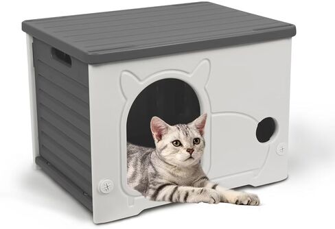 Plastic Waterproof Cat House Outdoor, Sturdy Feral Cat Shelter with Bed Mat (Gray, Large) in Saudi Arabia