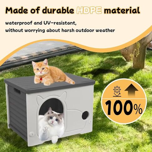 Plastic Waterproof Cat House Outdoor, Sturdy Feral Cat Shelter with Bed Mat (Gray, Large) in Saudi Arabia