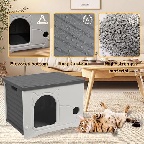 Plastic Waterproof Cat House Outdoor, Sturdy Feral Cat Shelter with Bed Mat (Gray, Large) in Saudi Arabia