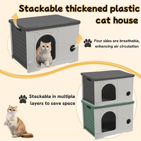 Plastic Waterproof Cat House Outdoor, Sturdy Feral Cat Shelter with Bed Mat (Gray, Large) in Saudi Arabia