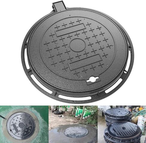 Cast Iron Manhole Cover and Frame, 12" B125 Septic Tank Lid with Base, Heavy Duty Round Sewage Basin Lid, Non-Slip Reinforced Sewage Basin Cover,Black Metal Inspection Cover. in Kuwait