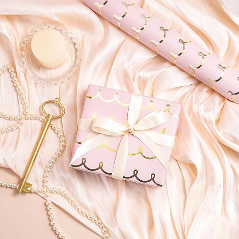 WRAPAHOLIC Pink Wrapping Paper Roll - Mini Roll - 17 Inch x 33 Feet - Metallic Foil Chic Classic Pink and Gold Wedding Wrapping Paper for Birthday, Wedding, Baby Shower, Valentine's Day in Saudi Arabia