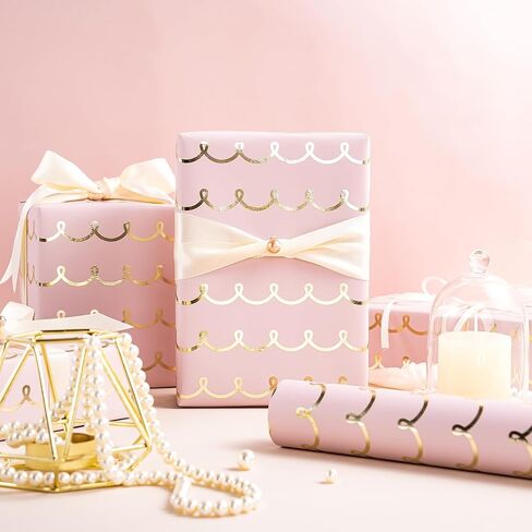 WRAPAHOLIC Pink Wrapping Paper Roll - Mini Roll - 17 Inch x 33 Feet - Metallic Foil Chic Classic Pink and Gold Wedding Wrapping Paper for Birthday, Wedding, Baby Shower, Valentine's Day in Saudi Arabia