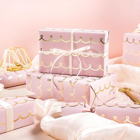 WRAPAHOLIC Pink Wrapping Paper Roll - Mini Roll - 17 Inch x 33 Feet - Metallic Foil Chic Classic Pink and Gold Wedding Wrapping Paper for Birthday, Wedding, Baby Shower, Valentine's Day in Saudi Arabia
