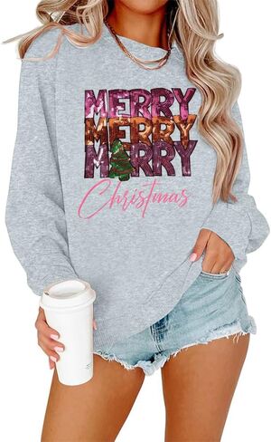 Christmas Sweatshirt Merry Christmas Shirts : Women Funny Christmas Outfits Christmas Long Sleeve Pullover Tops Beige in Saudi Arabia