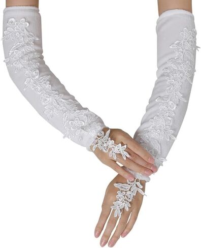 Specell طويل الدانتيل أصابع قفازات النساء أصابع قفازات برباط الزفاف حفل زفاف زي الاكسسوارات الأزهار قفازات الكوع in Kuwait