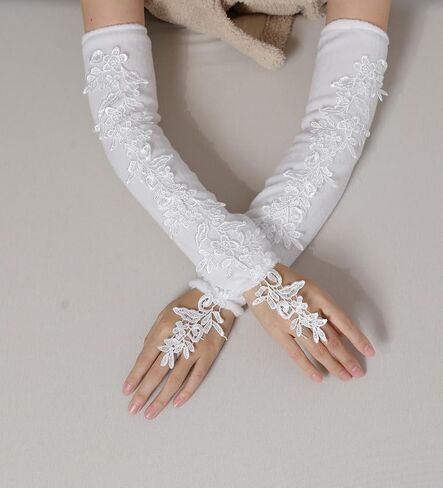 Specell طويل الدانتيل أصابع قفازات النساء أصابع قفازات برباط الزفاف حفل زفاف زي الاكسسوارات الأزهار قفازات الكوع in Kuwait