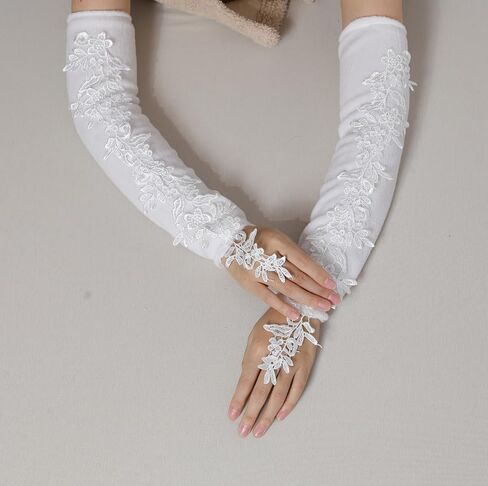 Specell طويل الدانتيل أصابع قفازات النساء أصابع قفازات برباط الزفاف حفل زفاف زي الاكسسوارات الأزهار قفازات الكوع in Kuwait