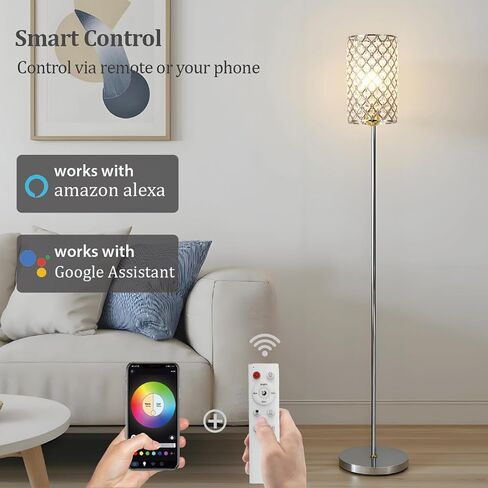 Crystal Floor Lamp with Remote Control, Smart Rose Gold Floor Lamps for Living Room with Bulb Included, Crystal Standing Lamp Rose Gold Home Décor Floor Lamp for Bedroom in Saudi Arabia