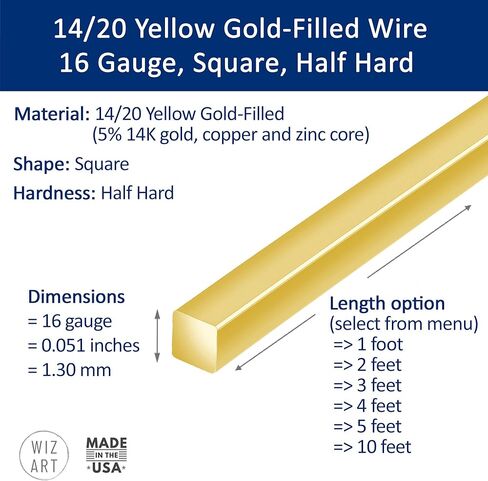 20 مقياسًا ، مربعًا ، نصف صلب ، 14/20 سلك مملوء بالذهب الأصفر - 5 أقدام - لفن المجوهرات من Wizart in Kuwait