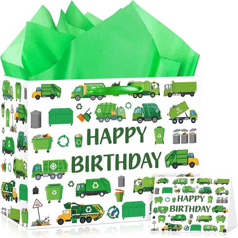 أكياس هدايا عيد ميلاد Yomaiha Trash Trash Truck Truck Truck Wrappe Paper Bag Garbage Truck Party Favors Goodie Bass with tissue paper and card trash trash decortations decortation in Kuwait