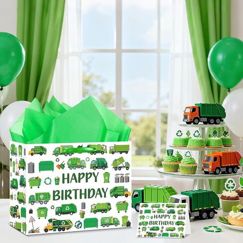 أكياس هدايا عيد ميلاد Yomaiha Trash Trash Truck Truck Truck Wrappe Paper Bag Garbage Truck Party Favors Goodie Bass with tissue paper and card trash trash decortations decortation in Kuwait