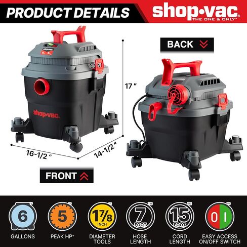 SHOP-VAC 5430096 فراغ رطب/جاف ، 4 جالون ، 4 ذروة HP ، 1.25 بوصة بقطر 7 أقدام ، سلك 15 قدم ، مثالي لموقع العمل ، المرآب ، ورشة العمل والمنزل in Kuwait